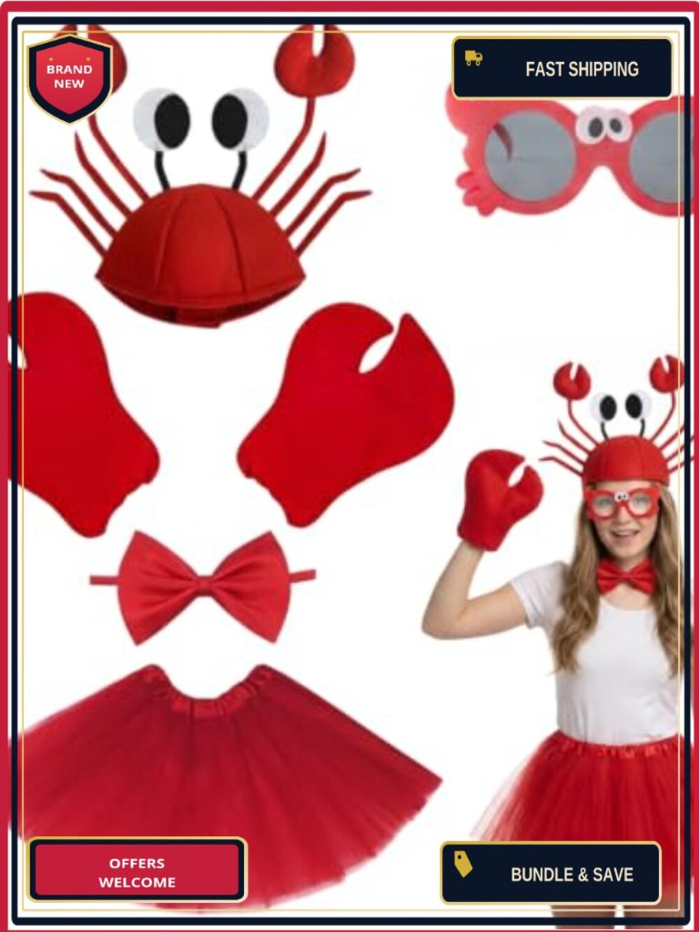 Crab Costume Set 6 Piece Hat Claws Glasses Tutu Bow Tie Adult Halloween Cosplay